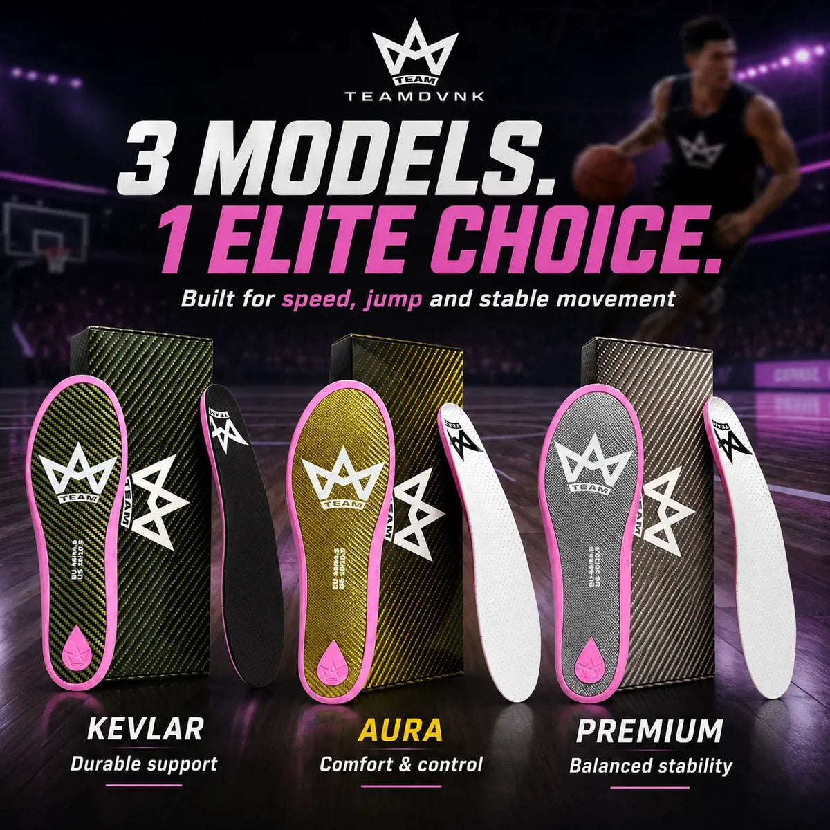 TEAMDVNK performance insoles: Kevlar, Aura, Premium models for speed, jump & stability on court