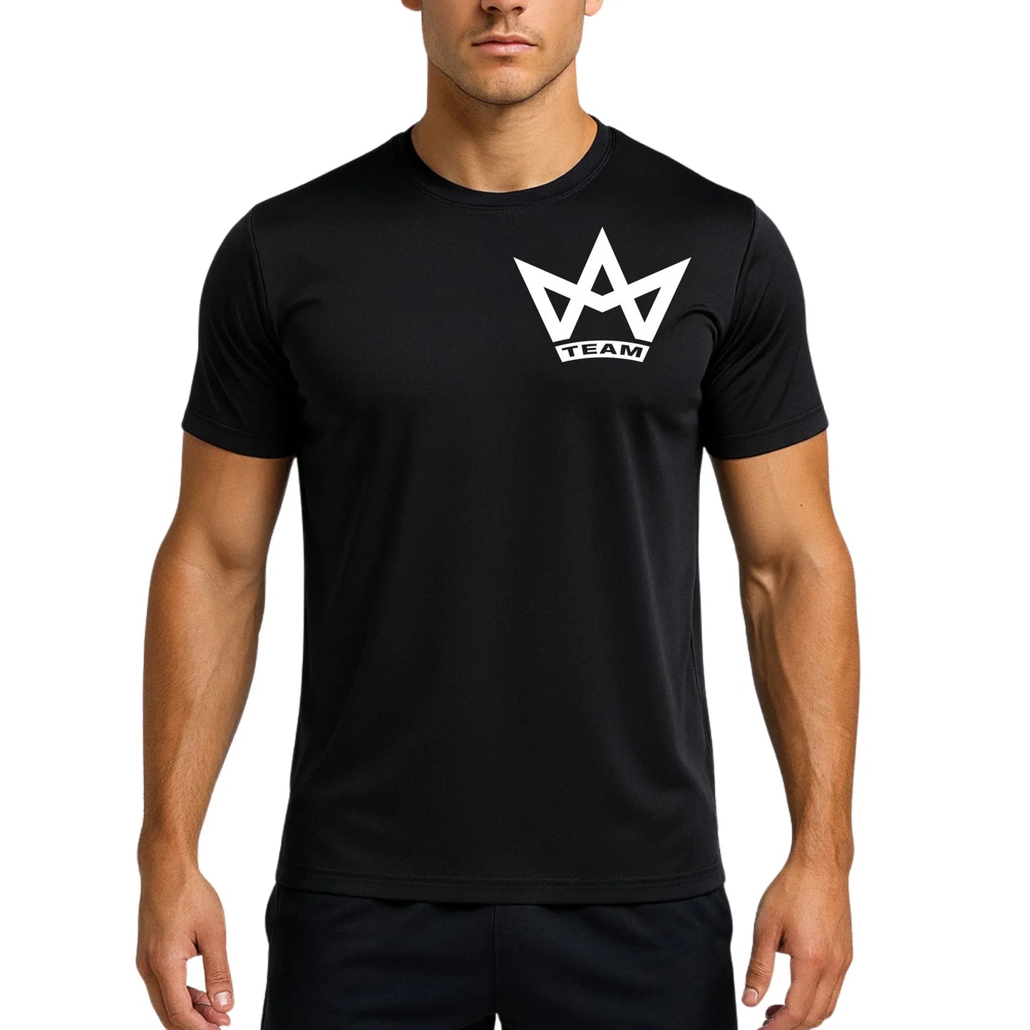 Man wearing black athletic t-shirt with white crown logo and 'TEAM' text, ideal for sports and performance.