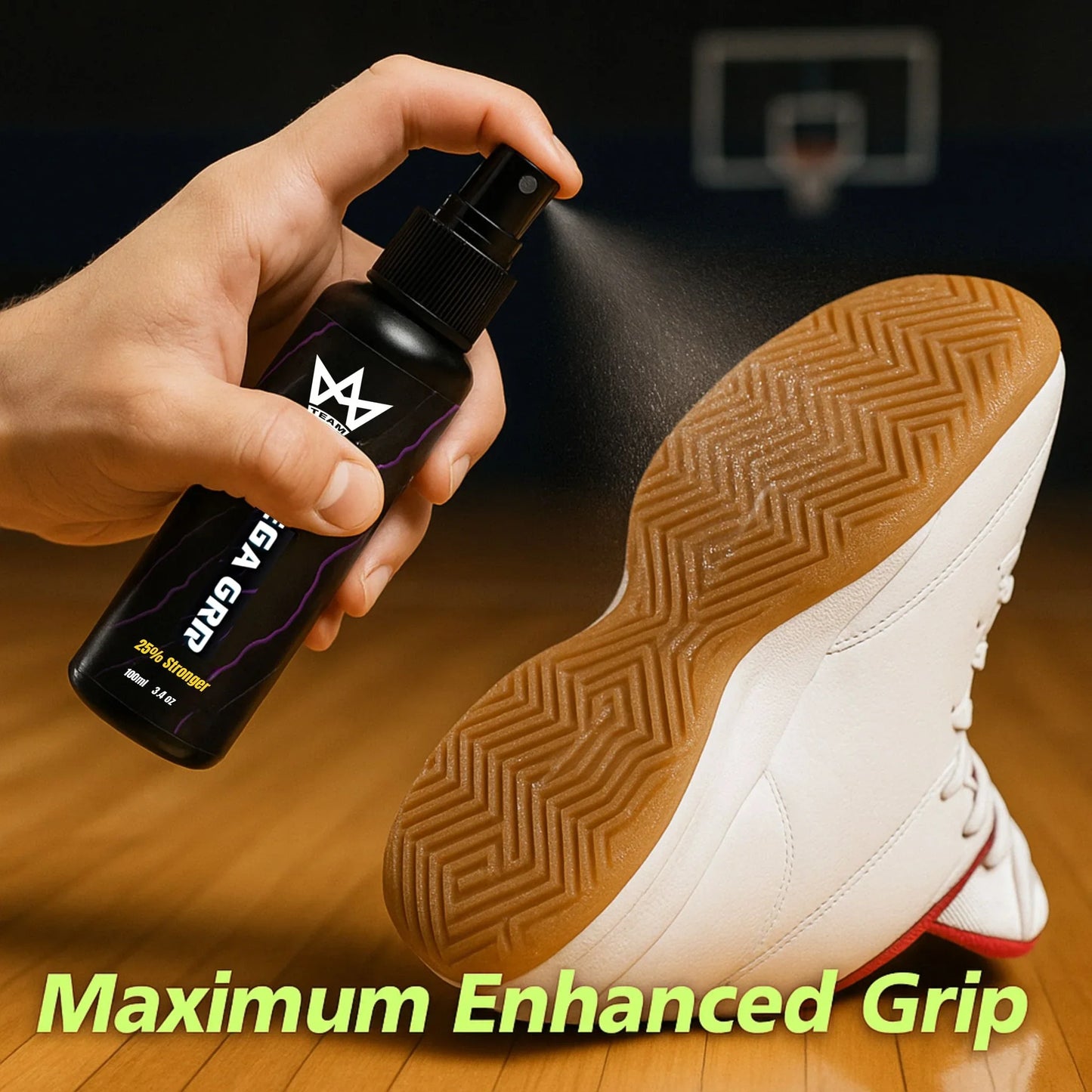 Spraying grip enhancer on basketball shoe sole for maximum traction on court