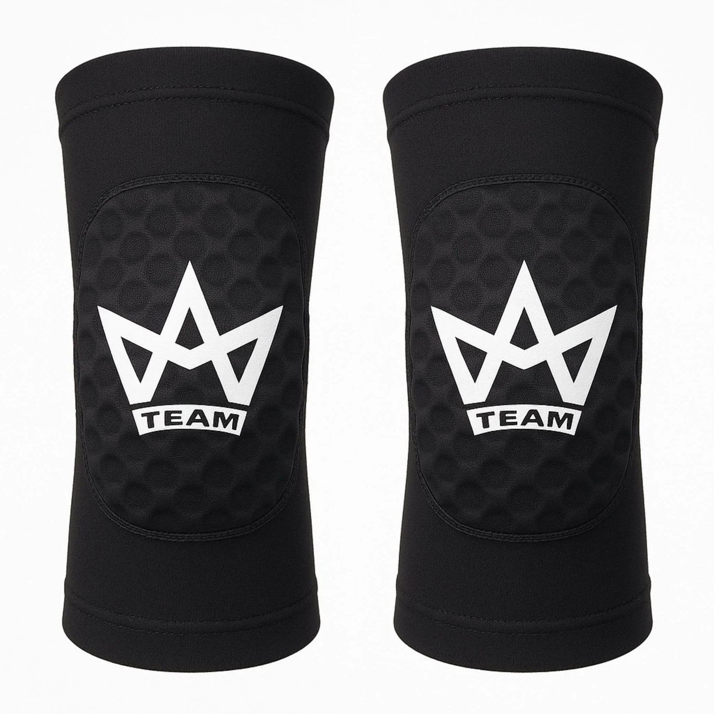 Black knee pads with white crown logo and 'TEAM' text, designed for sports protection and performance.