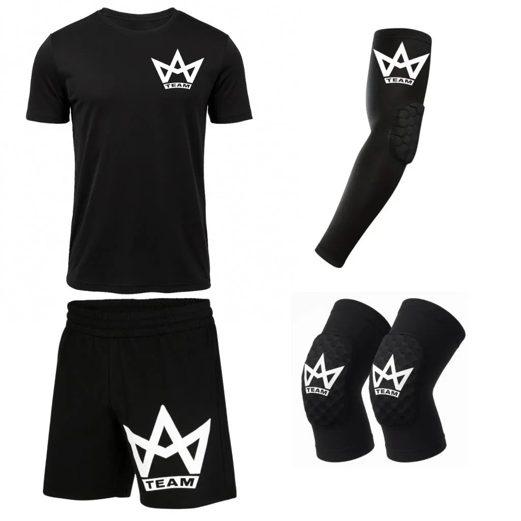 Black athletic shirt, shorts, elbow pad, and knee pads with white team logo for sports performance