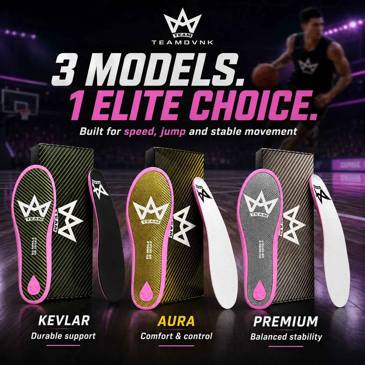 TEAMDVNK performance insoles: Kevlar, Aura, Premium models for speed, jump & stability on court