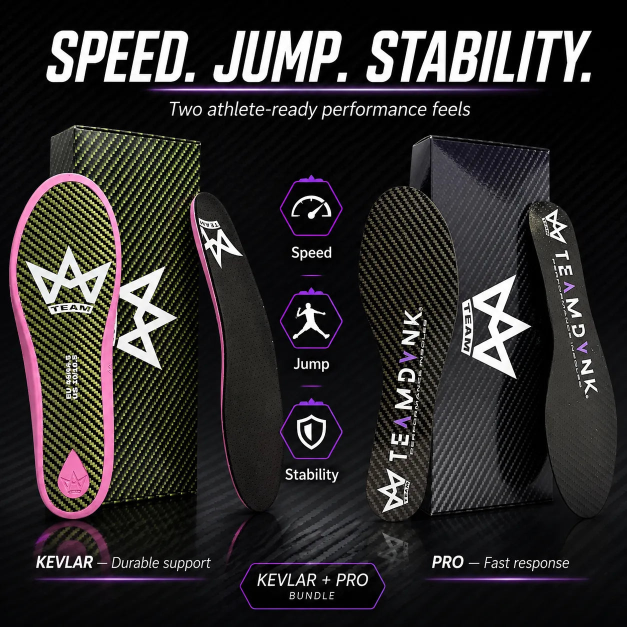 TEAMDVNK performance insoles for speed, jump, stability — KEVLAR & PRO bundle for athletes
