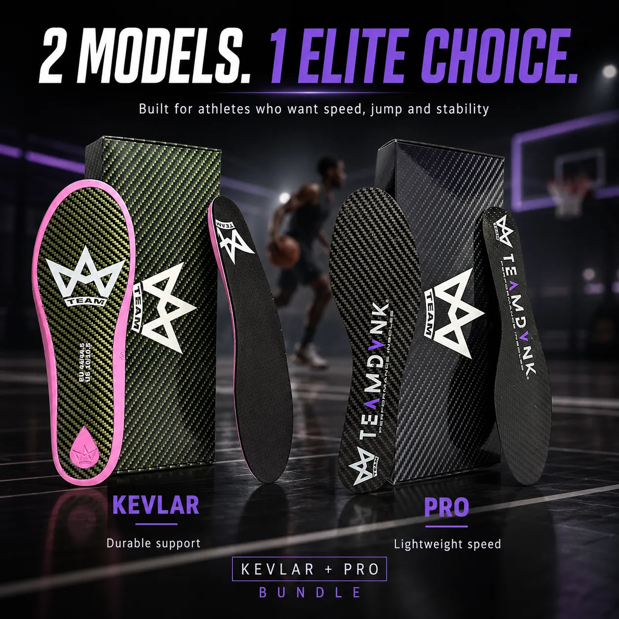 TEAMDVNK Kevlar and Pro performance insoles for athletes, offering durable support and lightweight speed on court.
