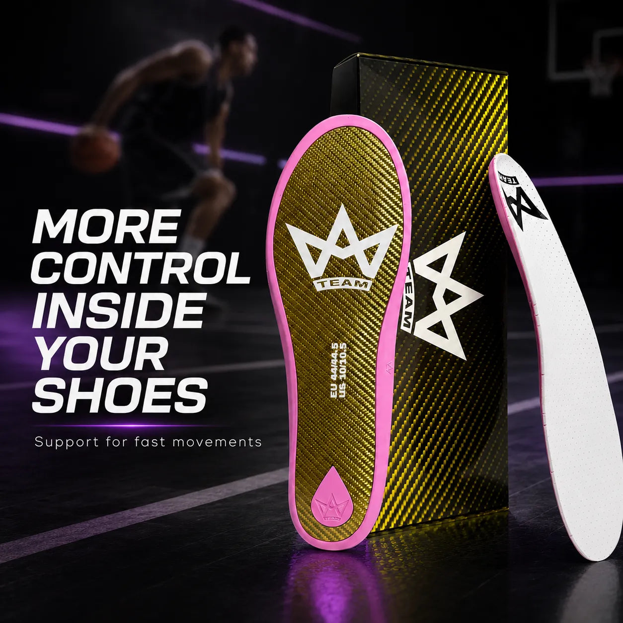 Performance insoles with pink trim and carbon fiber design for athletic control and fast movement support