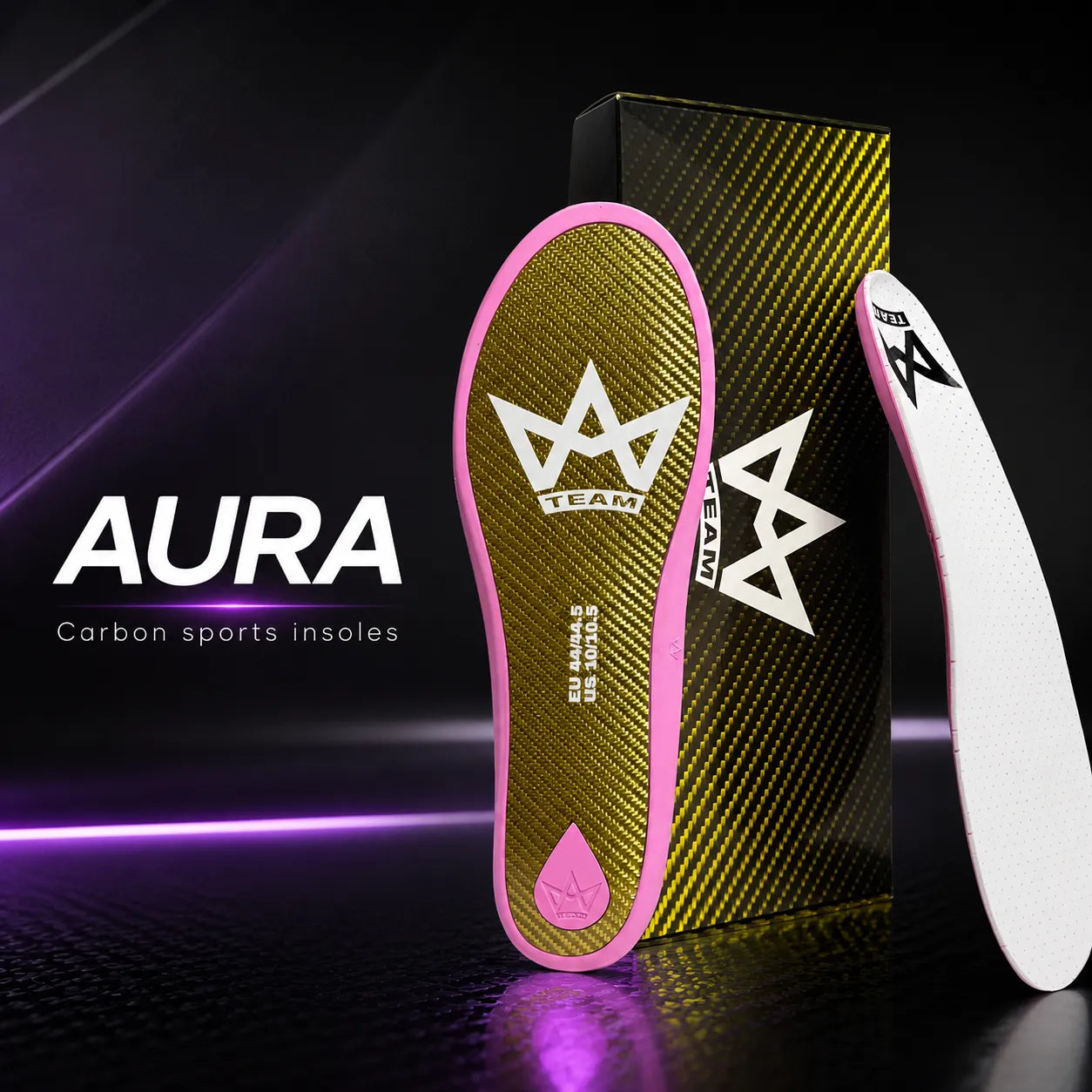 Aura carbon sports insoles with pink trim, tech design, for athletic performance and comfort