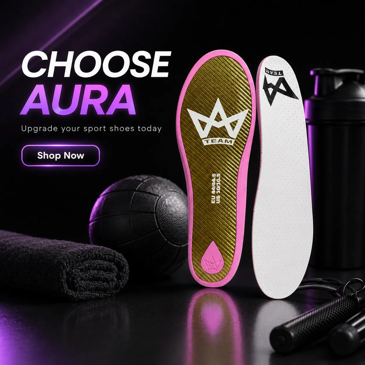 Aura performance insoles for sport shoes, featuring pink and gold design with gym accessories