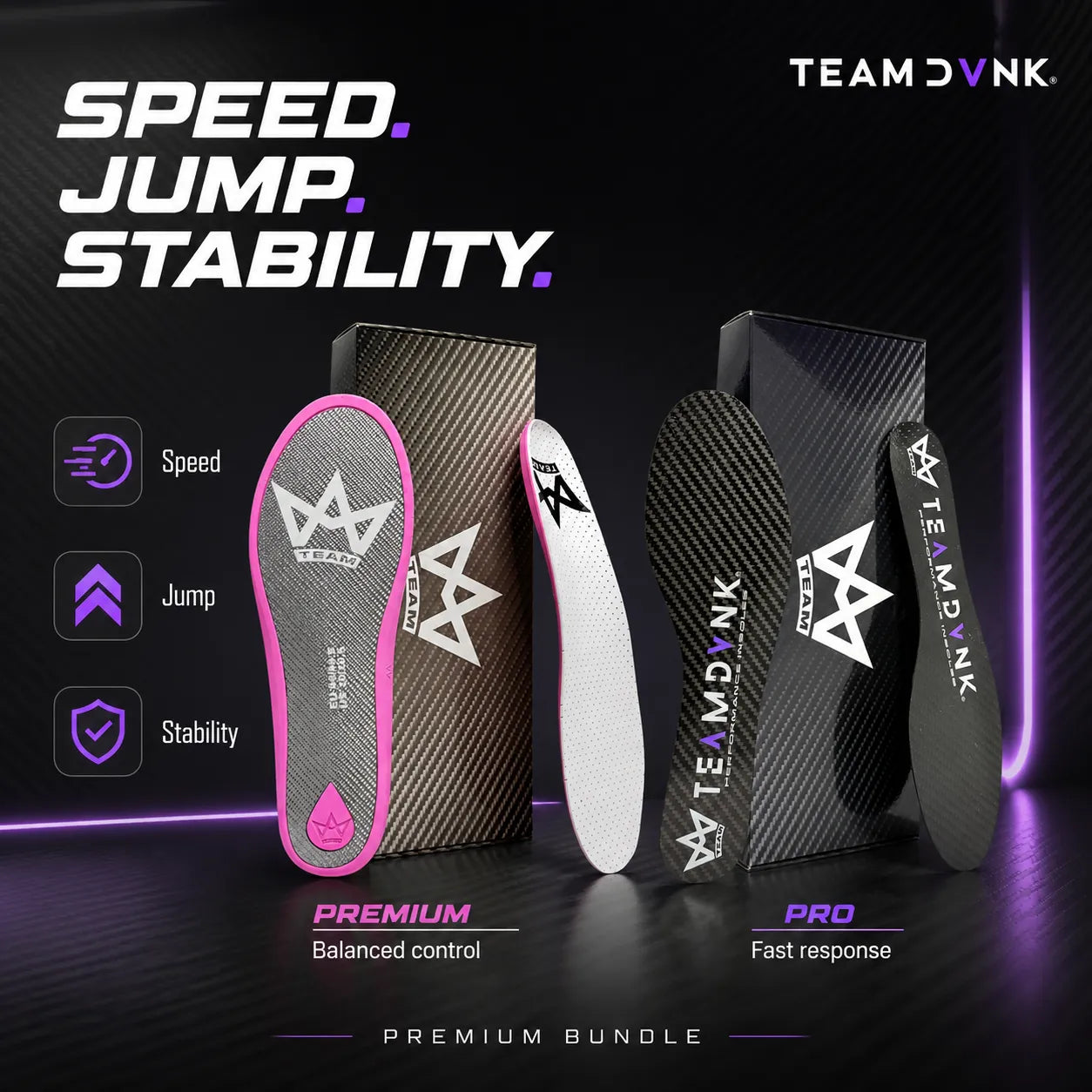 TEAMDVNK performance insoles for speed, jump, stability – Premium & Pro models with carbon fiber design