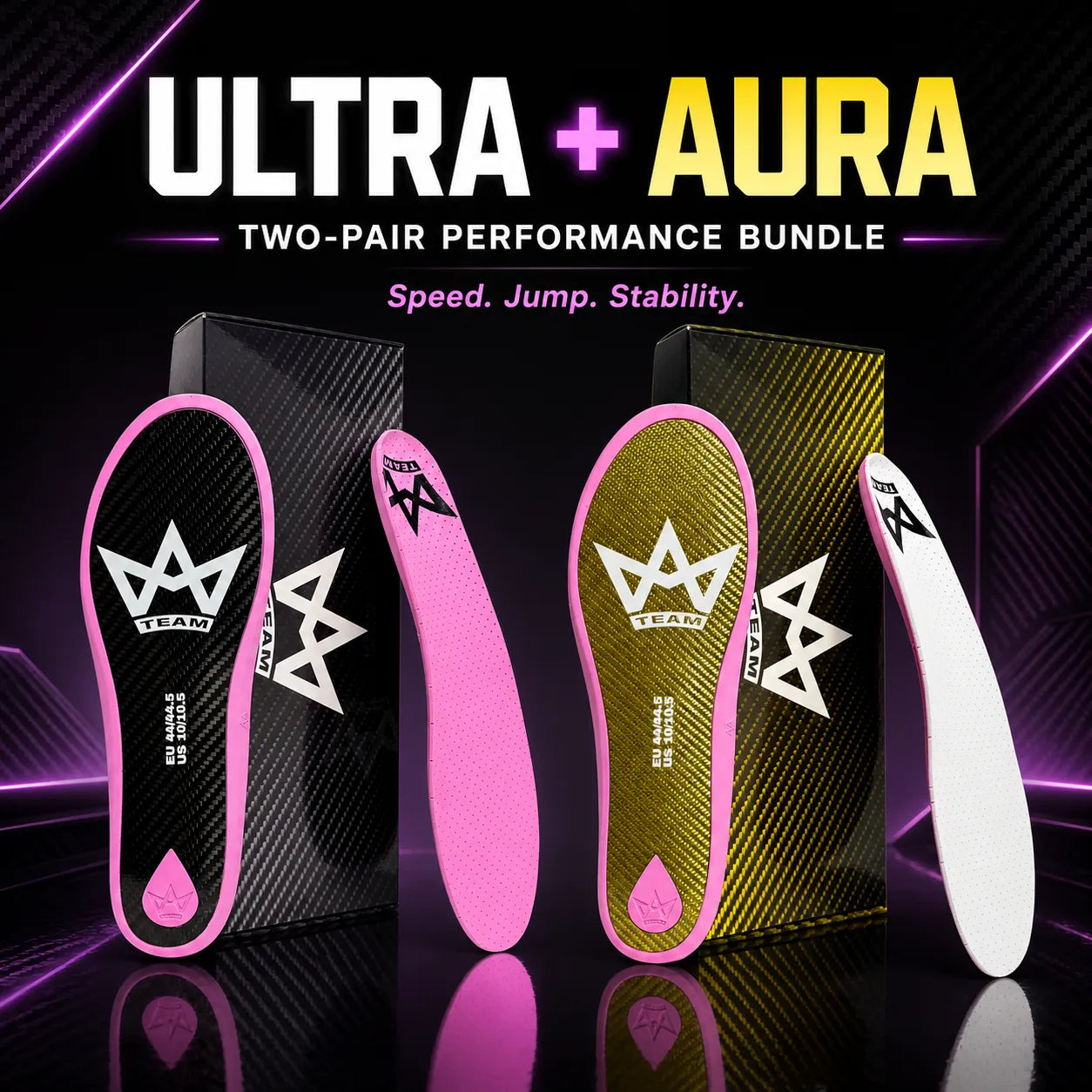 Ultra + Aura performance insoles bundle for speed, jump, stability – black & gold carbon fiber design