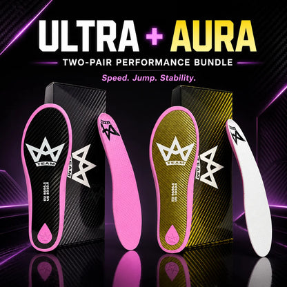 Ultra + Aura performance insoles bundle for speed, jump, stability – black & gold carbon fiber design