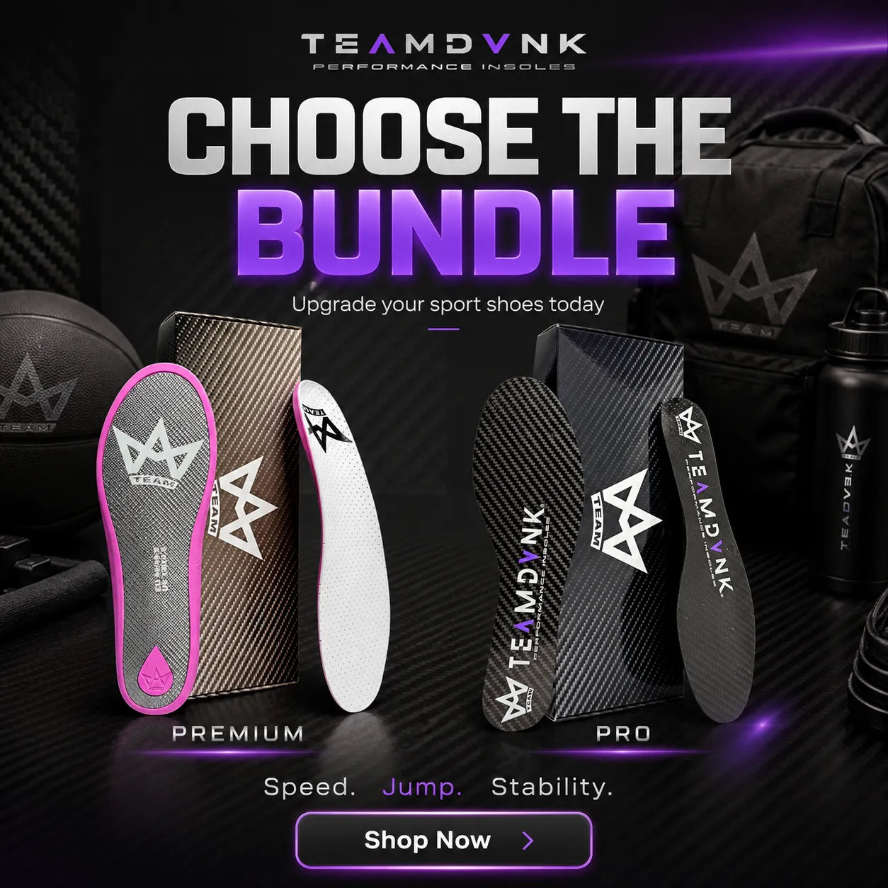 TEAMDVNK performance insoles bundle for sports shoes, featuring Premium and Pro models with speed, jump, stability tech