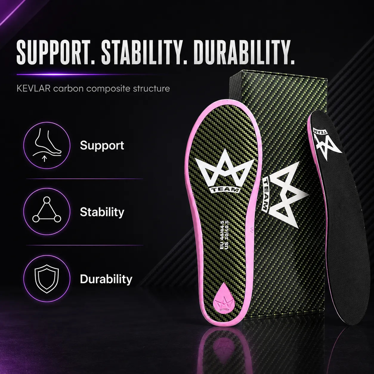 High-performance insoles with KEVLAR carbon composite structure for support, stability, and durability
