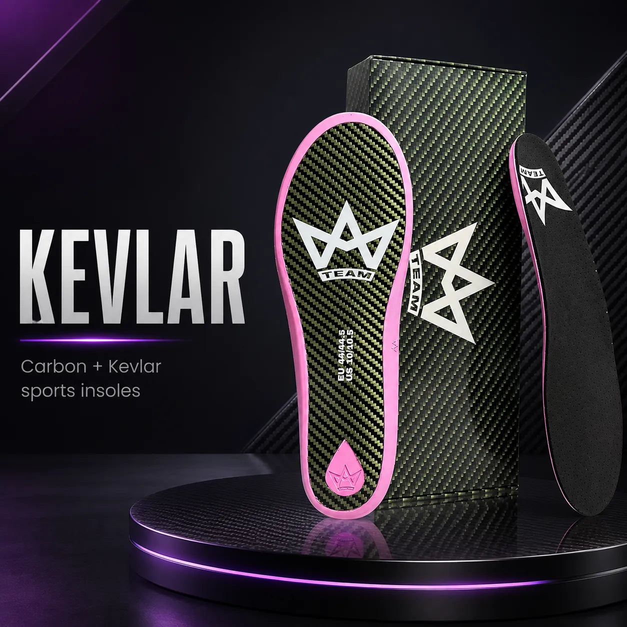 Kevlar carbon sports insoles with pink trim, performance tech for athletes, shown with packaging
