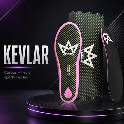 Kevlar carbon sports insoles with pink trim, performance tech for athletes, shown with packaging