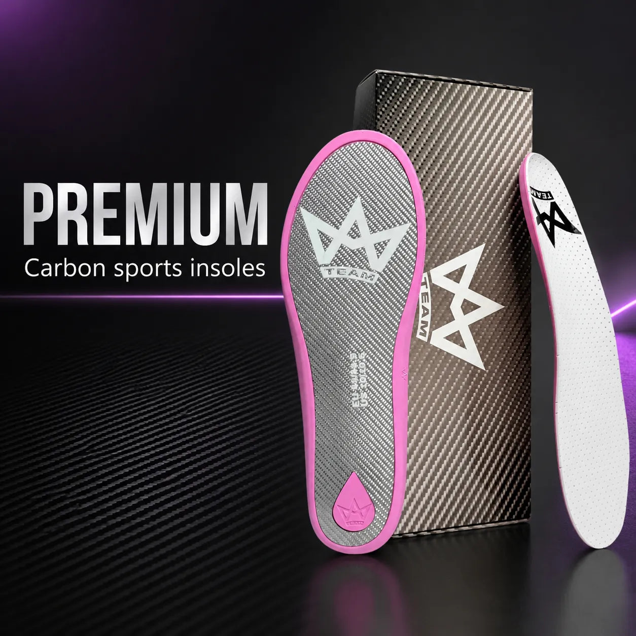 Premium carbon sports insoles with pink trim, ideal for athletic performance and comfort