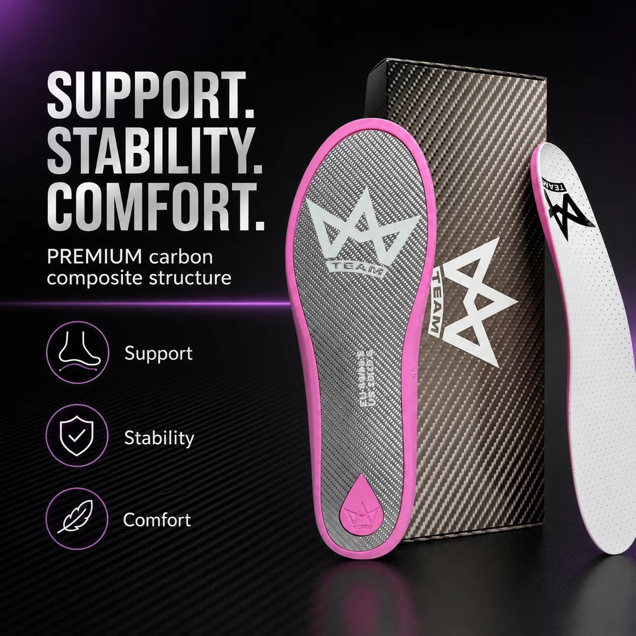 Premium carbon composite insoles for support, stability, comfort — ideal for athletes and active lifestyles.