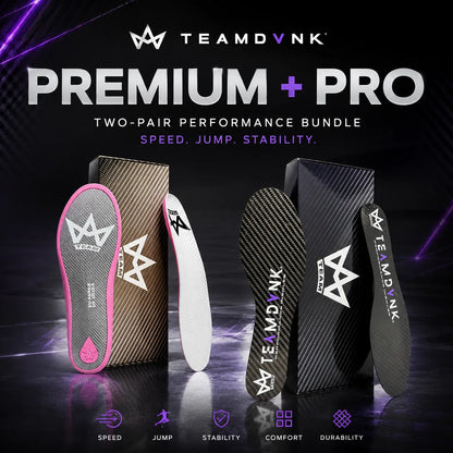 TEAMDVNK Premium + Pro performance insoles bundle for speed, jump, stability, comfort, durability