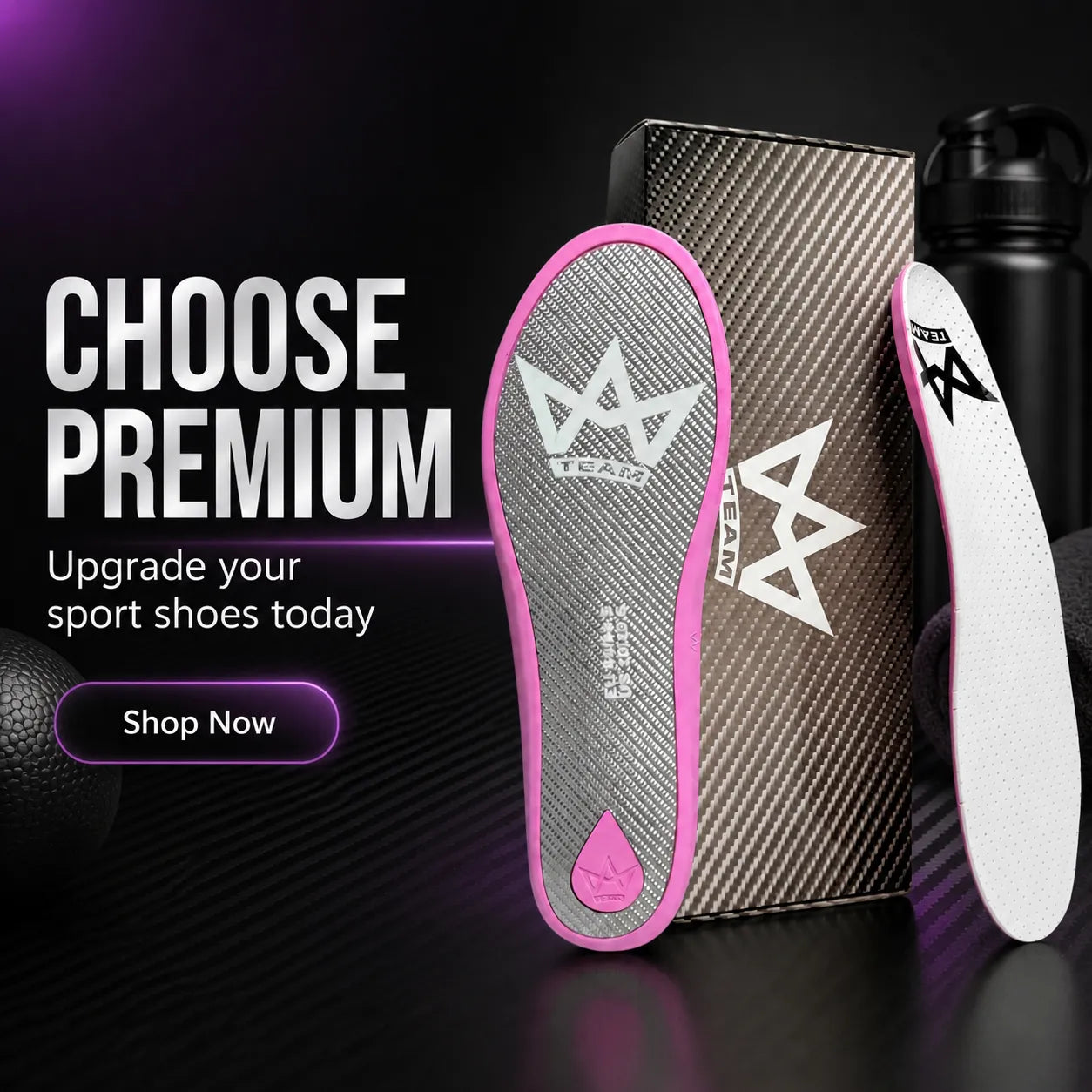Premium sport insoles with pink trim, carbon fiber box, upgrade athletic shoes for comfort and performance
