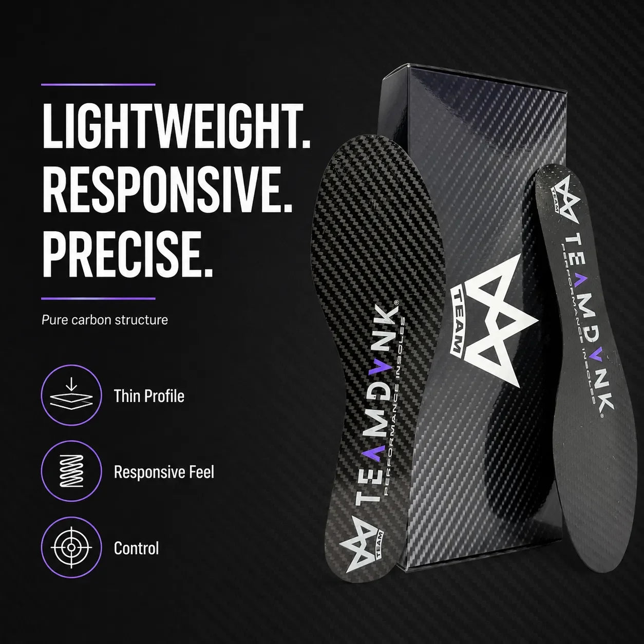 Lightweight carbon fiber performance insoles with thin profile, responsive feel, and control for athletes