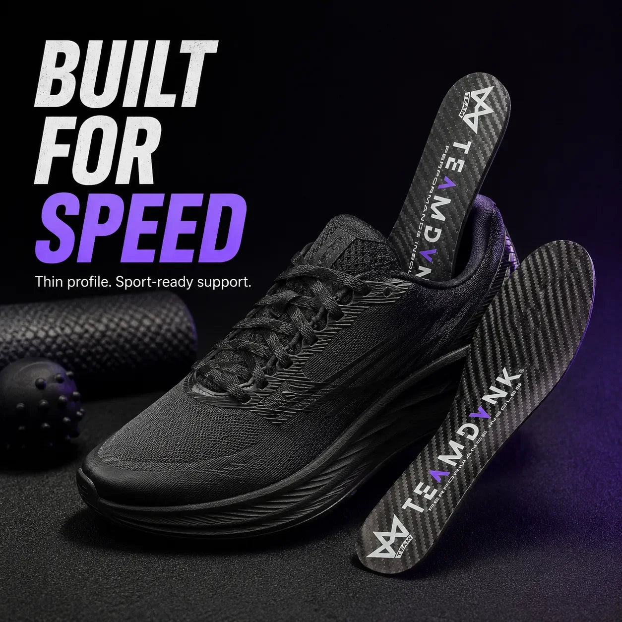 Performance insoles for speed & support, shown with athletic shoe, carbon fiber texture, thin profile design