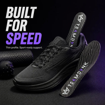 Performance insoles for speed & support, shown with athletic shoe, carbon fiber texture, thin profile design