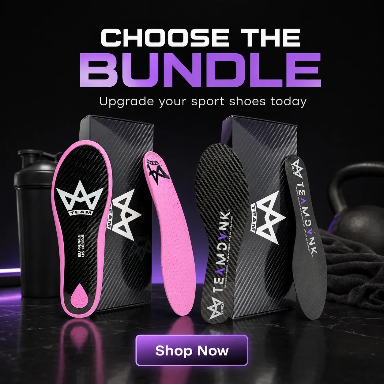 Performance insoles for sport shoes, pink and black designs with carbon fiber texture, gym background