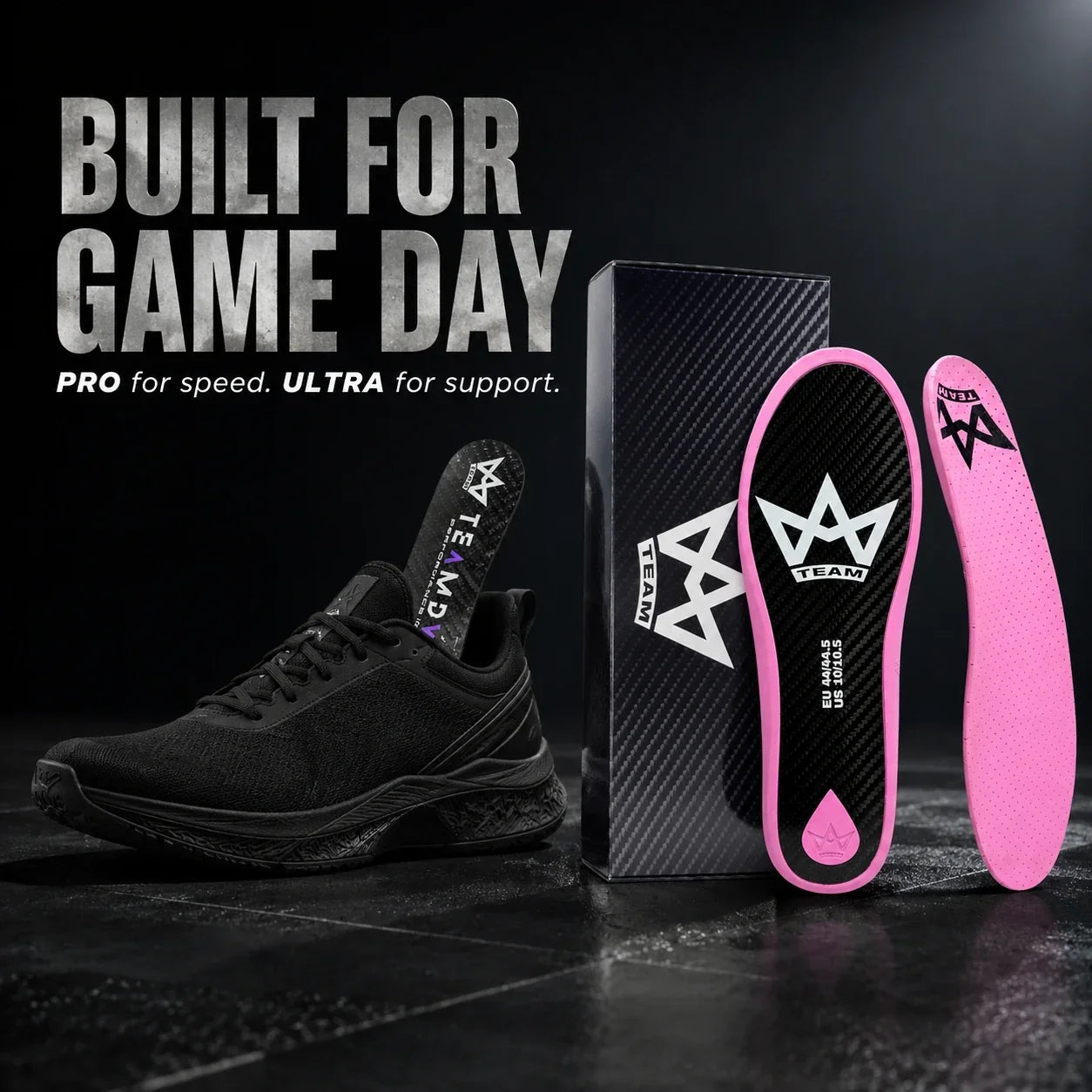 Pink and black performance insoles for athletic shoes, built for game day speed and support