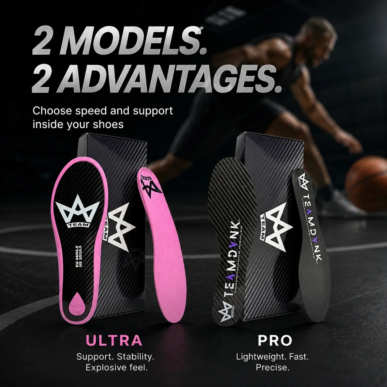 TEAMDVNK Ultra and Pro performance insoles for speed and support, shown with athlete on court