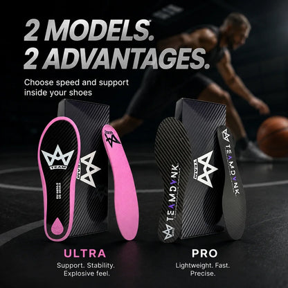 TEAMDVNK Ultra and Pro performance insoles for speed and support, shown with athlete on court
